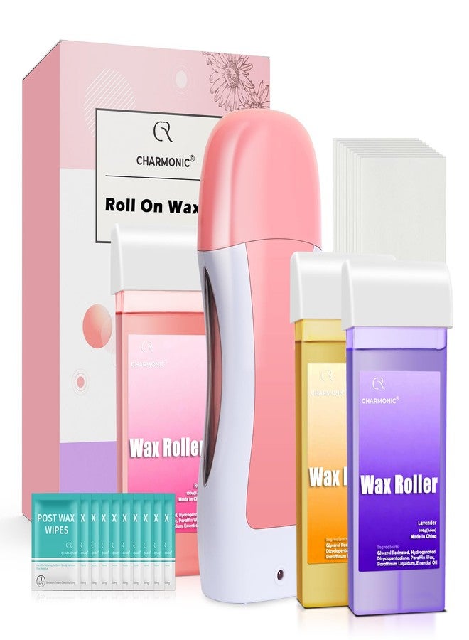 Charmonic Roll On Wax Kit, Portable Wax Roller Kit for Coarse/Fine Hair Removal, Beginners Waxing Roller for All Skin Types with 3 Pcs 100g Roll Cartridge, 100 Non-Woven Strips & 10 After Oil Wipes (F3_Pink) - Image 1